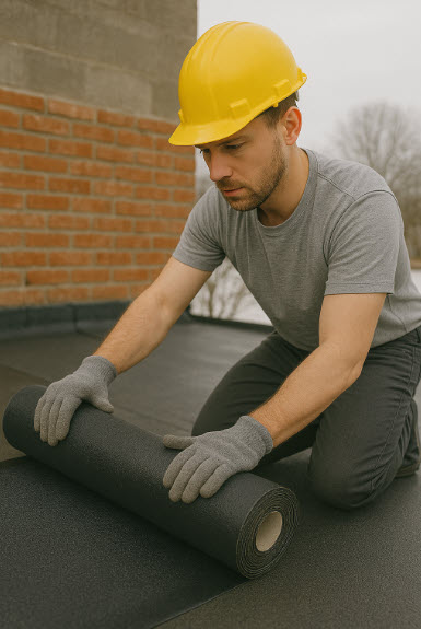 Trabajador de AISLAMIENTOS SANDI asegurando los detalles de la instalación de la lámina asfáltica.